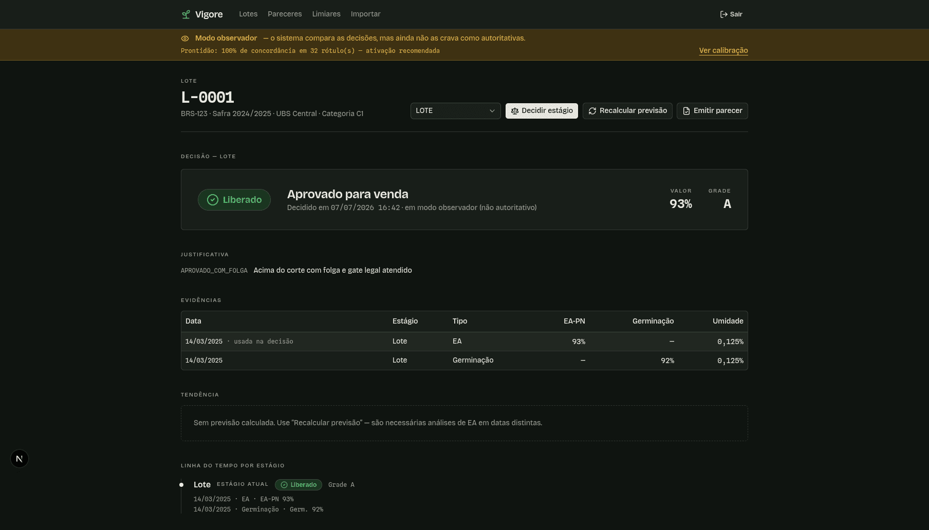 Detalhe do lote L-0001: EA-PN 93%, grade A, liberado e aprovado para venda com folga